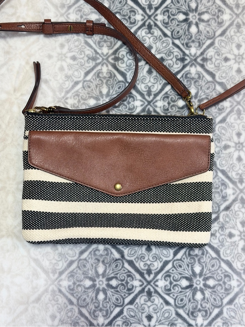 Fossil Striped Canvas Crossbody Bag With Brown Leather Flap Logo Pockets
